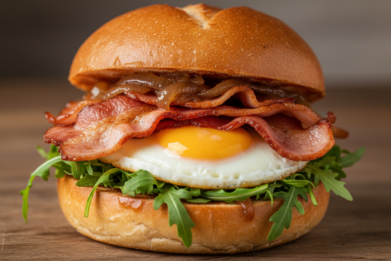 bacon and well done egg roll with rocket and caramelised onion bun