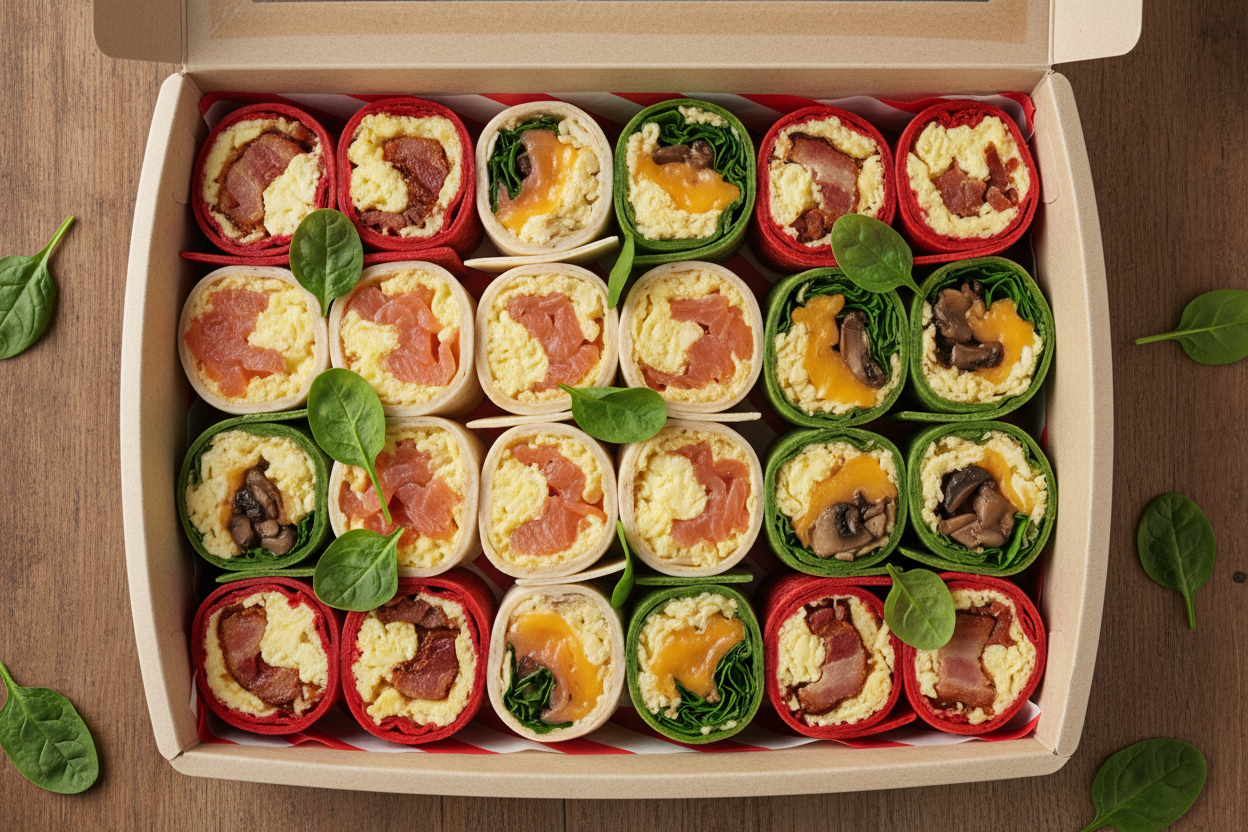 breakfast wraps platter box red stripe paper at the button no lid 16 pieces, scramble egg bacon, scramble egg salmon, scramble egg cheese, scramble egg and mushroom, red color wraps, white color wraps, green color wraps, spinach 