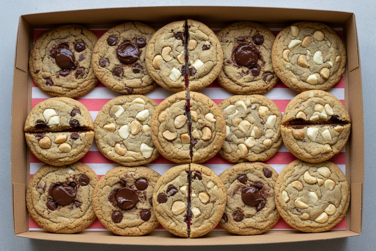 chocolate chip cookie and macadamia cookie cartoon box platter 12 mixed cookies red stripe paper at the buttom, real look, cut in half the cookies no background or pictures on the edges only the box no lid top